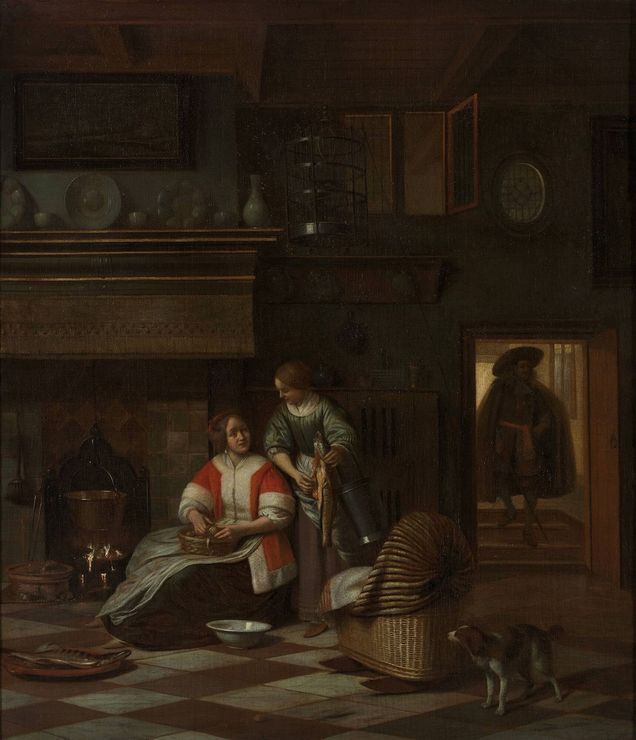A woman and a maid in an interior, vintage artwork by Pieter de Hooch, 12x8" (A4) Poster