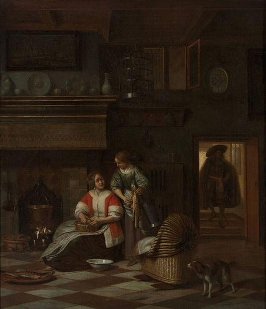 A woman and a maid in an interior, vintage artwork by Pieter de Hooch, 12x8" (A4) Poster