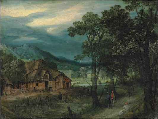 A wooded landscape with travellers on a track by  a village, vintage artwork by Adriaen van Stalbemt, 12x8" (A4) Poster