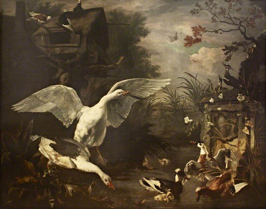 Swans and Duck by  a Stream, vintage artwork by Attributed to Jan Asselijn, 12x8" (A4) Poster