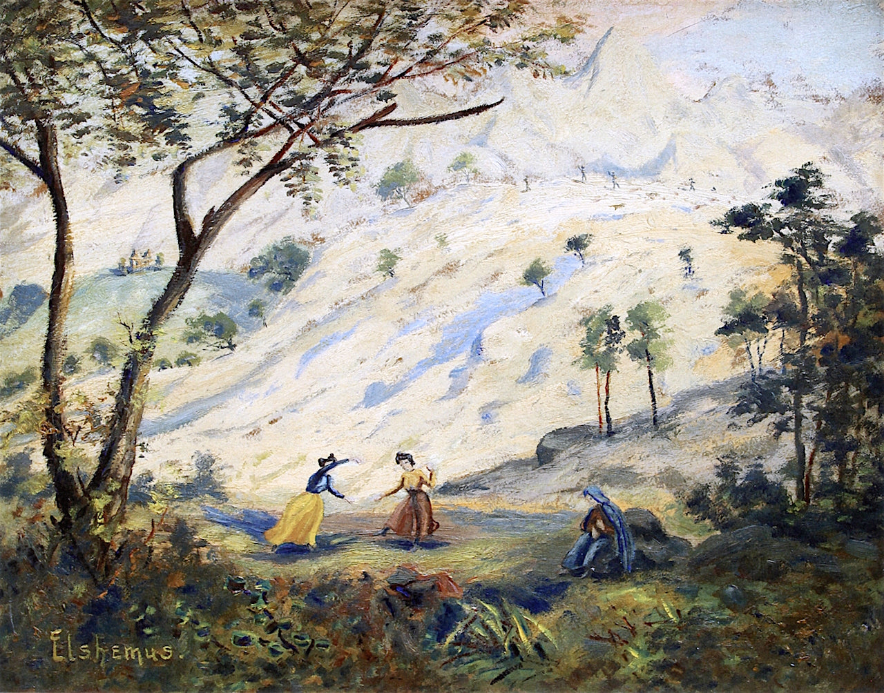 Girls Playing, vintage artwork by Louis M. Eilshemius, 12x8" (A4) Poster