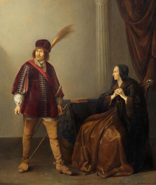 A nobleman and a lady on a chair in an interior, vintage artwork by Willem Bartsius, 12x8" (A4) Poster