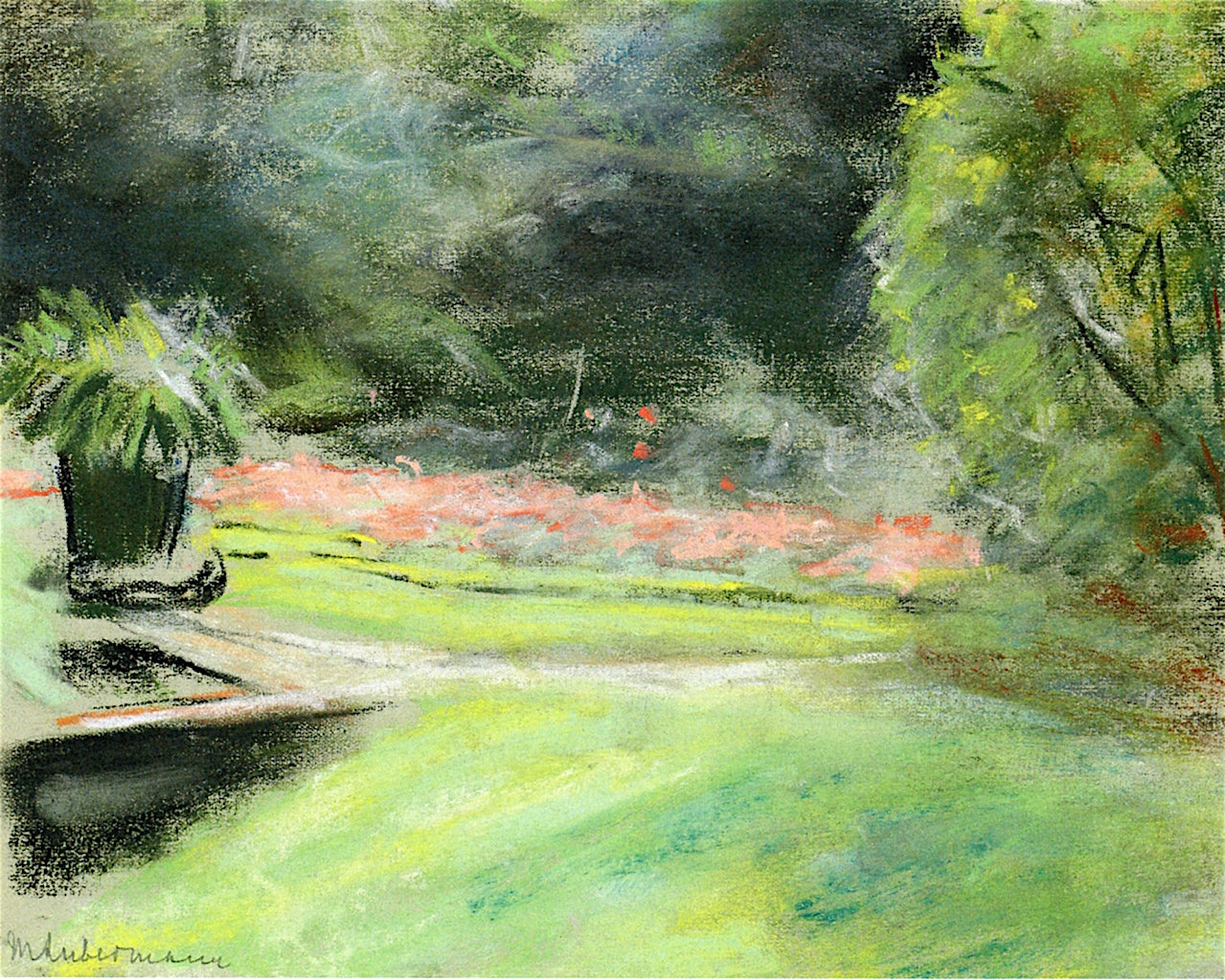 The Garden at Wannsee, View overlooking the Terrace with Flower Beds and Flower Boxes on the Left, vintage artwork by Max Liebermann, 12x8" (A4) Poster