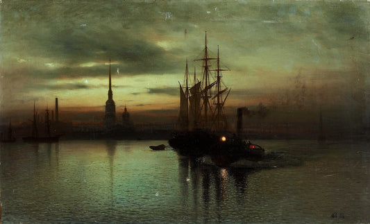 Harbor with boats at twilight, vintage artwork by Lev Lagorio, 12x8" (A4) Poster