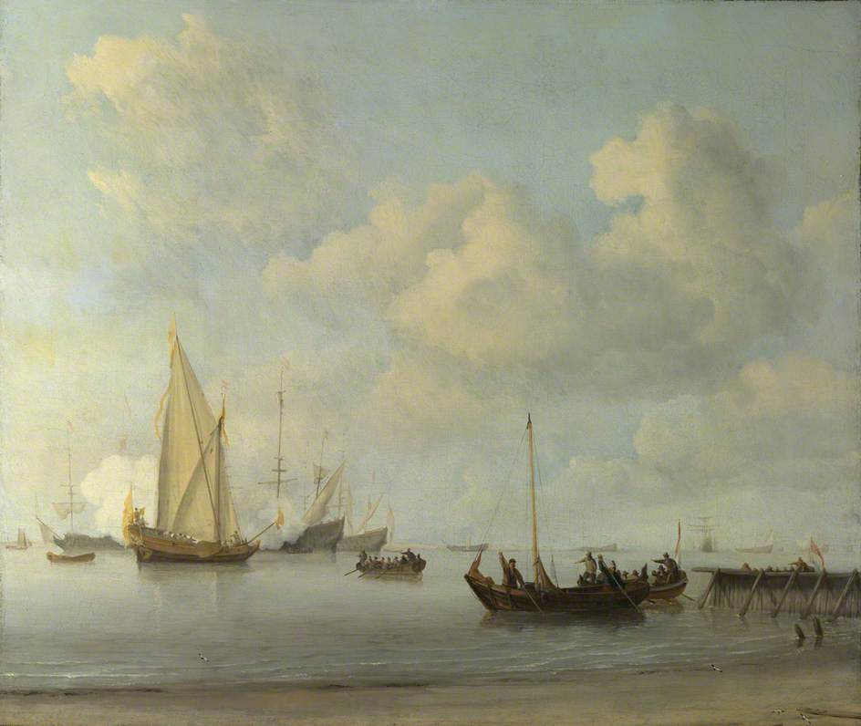 Boats Pulling out to a Yacht in a Calm, vintage artwork by Willem van de Velde the Younger, 12x8" (A4) Poster