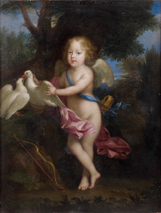 Portrait d'un jeune garçon en cupidon jouant avec des colombes, vintage artwork by Jean Nocret, 12x8" (A4) Poster