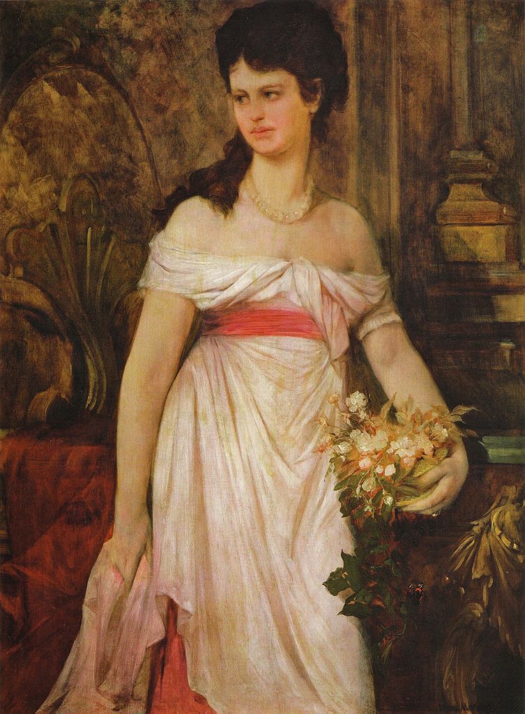 Portrait of a lady, standing in a white dress, vintage artwork by Hans Makart, 12x8" (A4) Poster