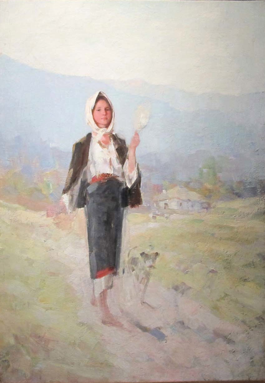 Peasant woman with a spindle, vintage artwork by Nicolae Grigorescu, 12x8" (A4) Poster
