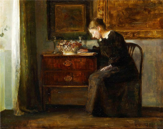 Interior with woman reading, vintage artwork by Carl Vilhelm Holsøe, 12x8" (A4) Poster