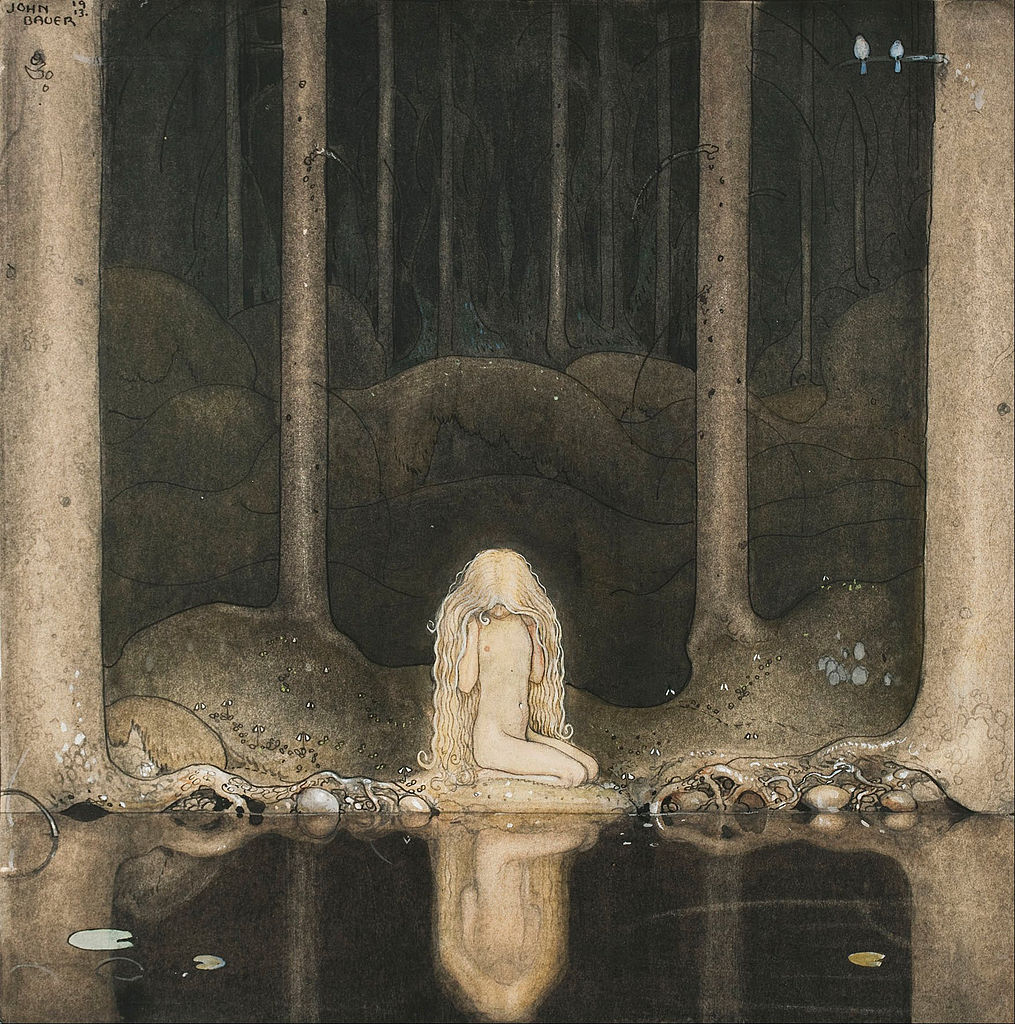 Princess Tuvstarr gazing down into the dark waters of the forest tarn, vintage artwork by John Bauer, 12x8" (A4) Poster