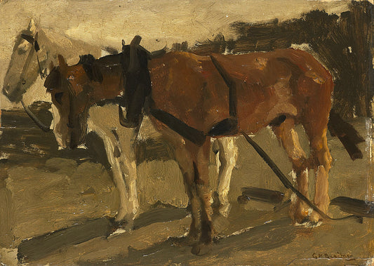 A Brown and a White Horse in Scheveningen, vintage artwork by George Hendrik Breitner, 12x8" (A4) Poster