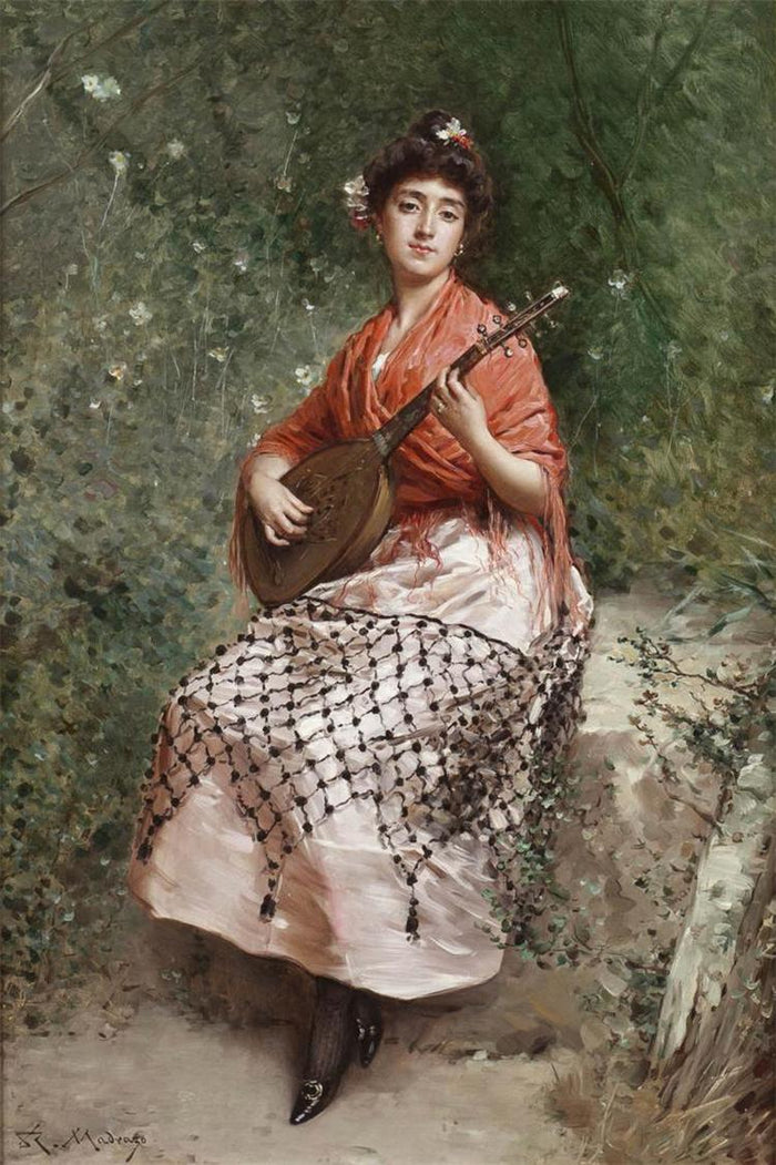 The Beautiful Bandurria Player, vintage artwork by Raimundo de Madrazo y Garreta, 12x8