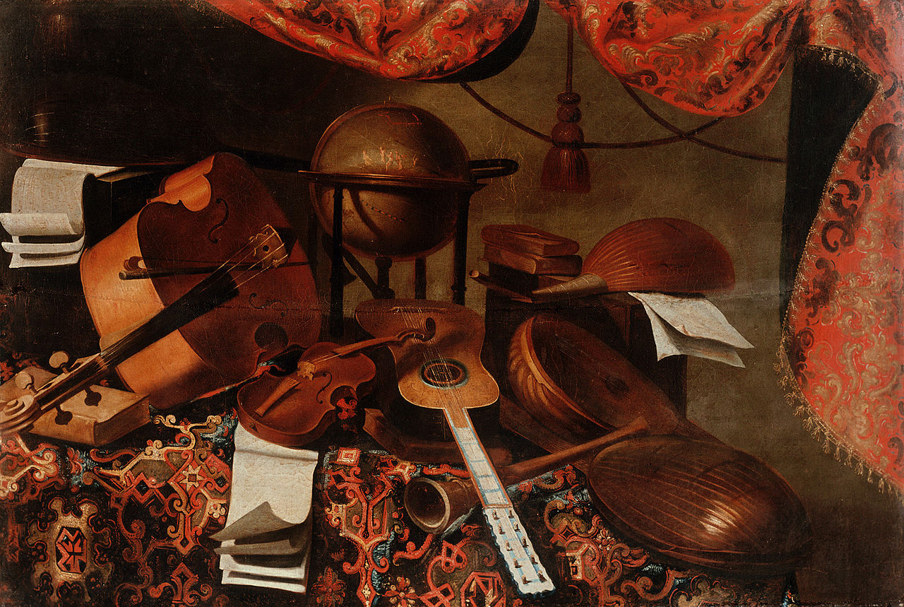 Musical instruments and celestial globe, vintage artwork by Bartolomeo Bettera, 12x8" (A4) Poster