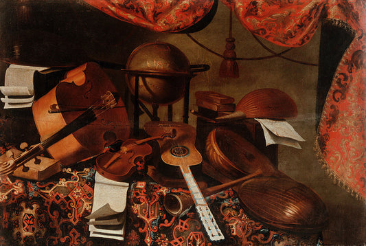 Musical instruments and celestial globe, vintage artwork by Bartolomeo Bettera, 12x8" (A4) Poster