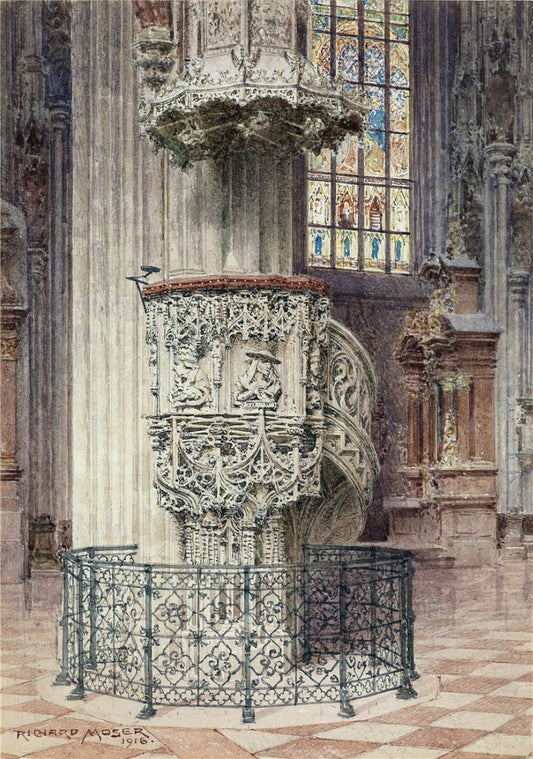 The Pilgram’s Pulpit in St. Stephen’s Cathdral, vintage artwork by Richard Moser, 12x8" (A4) Poster