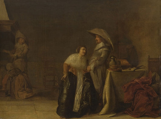 A Lady and a Cavalier, vintage artwork by Follower of Pieter Codde, 12x8" (A4) Poster
