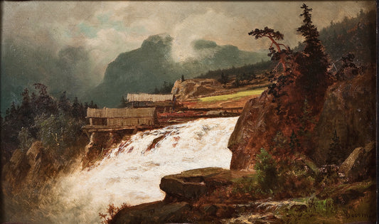 Waterfall with a sawmill, vintage artwork by Erik Bodom, 12x8" (A4) Poster