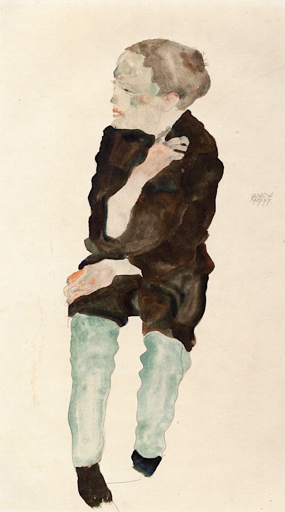 Boy with Green Stockings, vintage artwork by Egon Schiele, 12x8