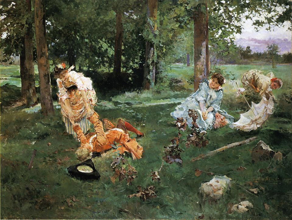 Elegant Figures in a Summer Garden, vintage artwork by Emilio Sala  Frances, 12x8" (A4) Poster