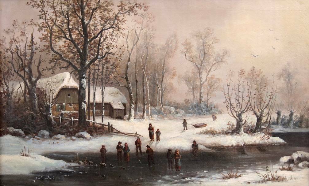 A Frozen Canal with a Peasants, vintage artwork by Charles Henri Joseph Leickert, A3 (16x12") Poster Print