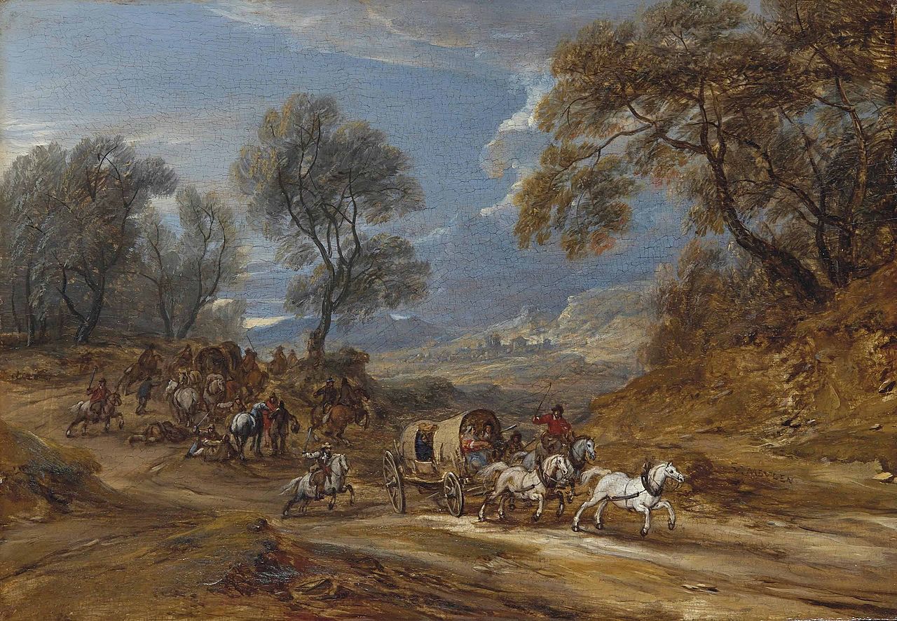 A convoy attacked by  brigands, vintage artwork by Adam Frans van der Meulen, 12x8" (A4) Poster