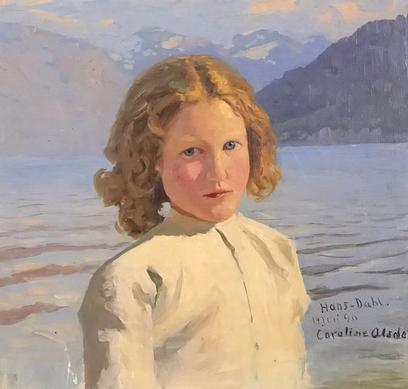 Portrait of Caroline Olsdatter, vintage artwork by Hans Dahl, 12x8" (A4) Poster