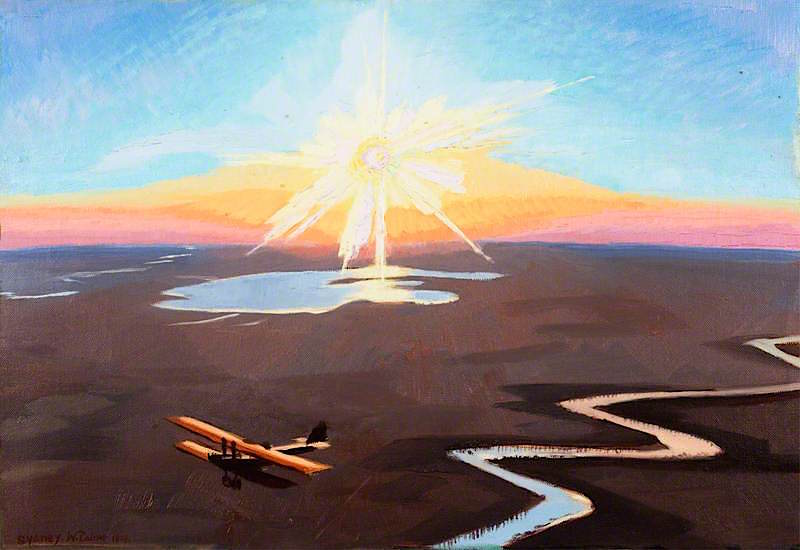 Flying over the Desert at Sunset, Mesopotamia, vintage artwork by Sydney William Carline, 12x8" (A4) Poster