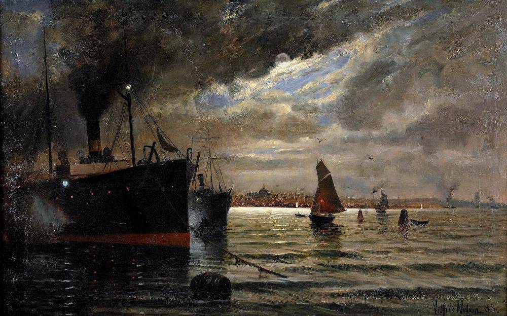 Evening in Stockholm Harbor, vintage artwork by Valfrid Nelson, 12x8" (A4) Poster
