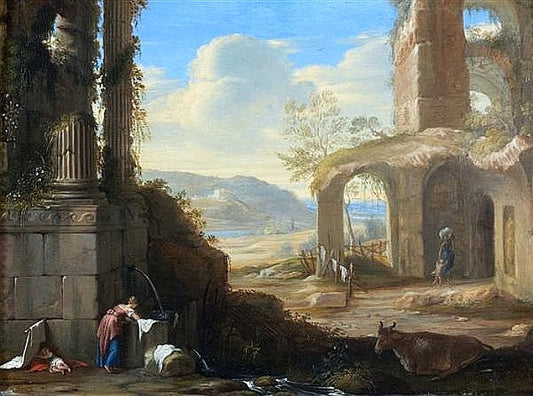 Washerwomen in a Classical Landscape, vintage artwork by Henri Mauperche, 12x8" (A4) Poster