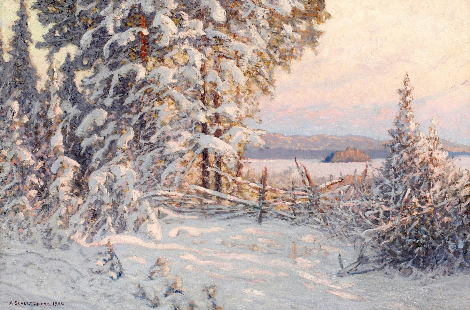 Winter Evening on the Lake, vintage artwork by Anshelm Schultzberg, 12x8" (A4) Poster