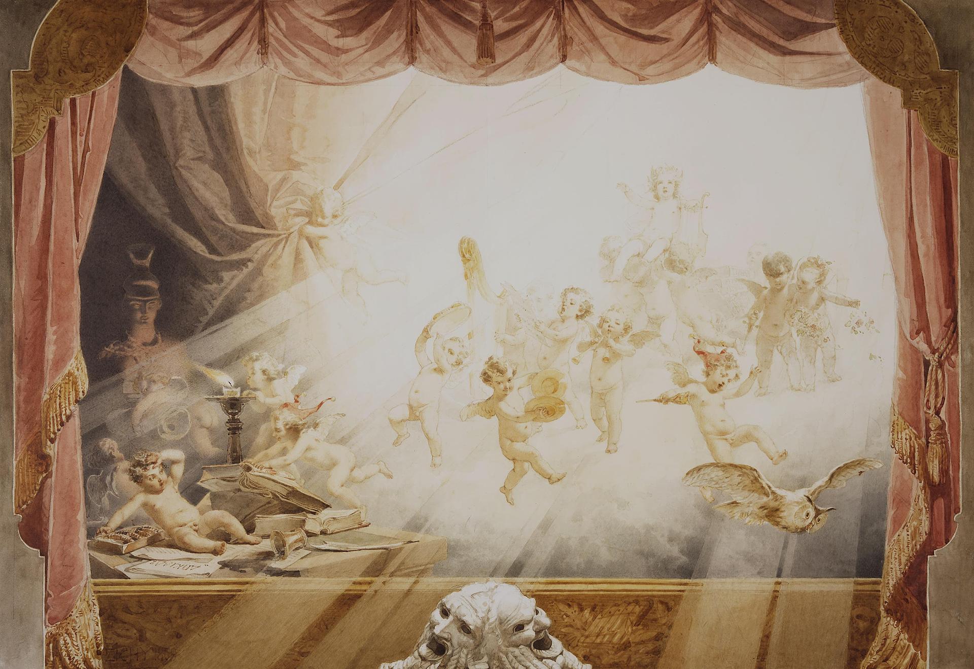 Design of a Theatrical Curtain, vintage artwork by Mihály Zichy, 12x8" (A4) Poster