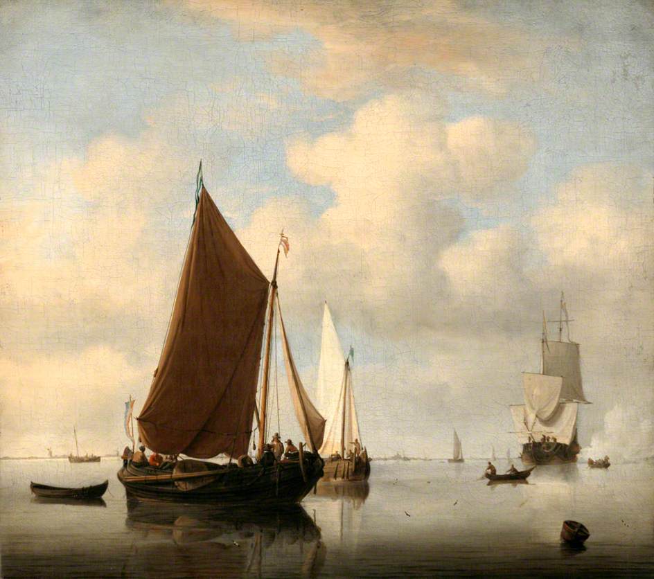 A Calm Sea with two Fishing Boats and a Man-of-War Firing a Salute Beyond, vintage artwork by Willem van de Velde the Younger, 12x8" (A4) Poster