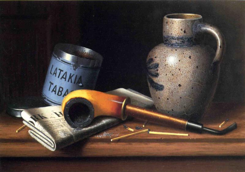 Still Life with Pipe and Tobacco, vintage artwork by William Michael Harnett, 12x8" (A4) Poster