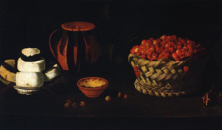 Naturaleza muerta, Cesta con cerezas, quesos y barros, vintage artwork by Josefa de Ayala y Obidos, 12x8" (A4) Poster
