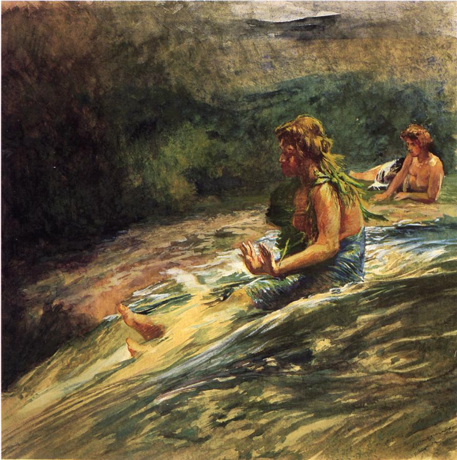Girl Sliding down Water Fall, Banna Leaf Around Her Body, vintage artwork by John La Farge, 12x8" (A4) Poster