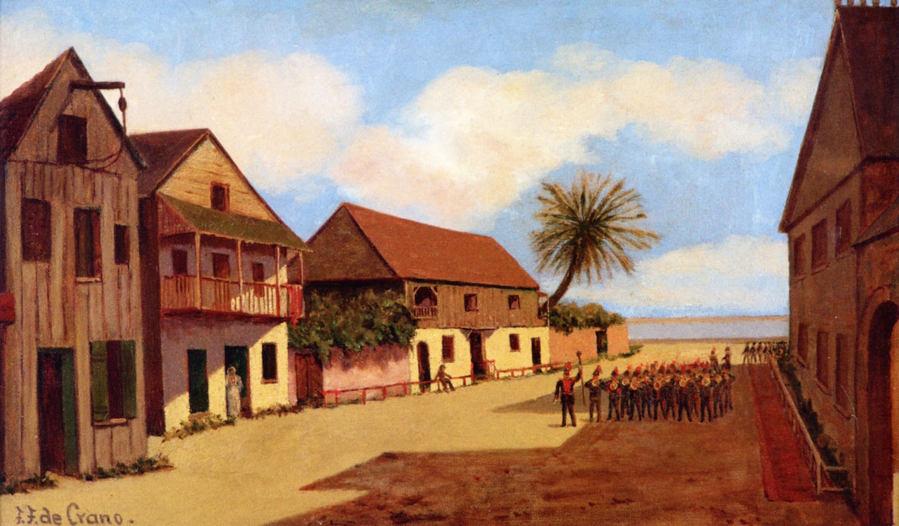 St. Francis Street with Soldiers Drilling, vintage artwork by Felix de Crano, 12x8" (A4) Poster
