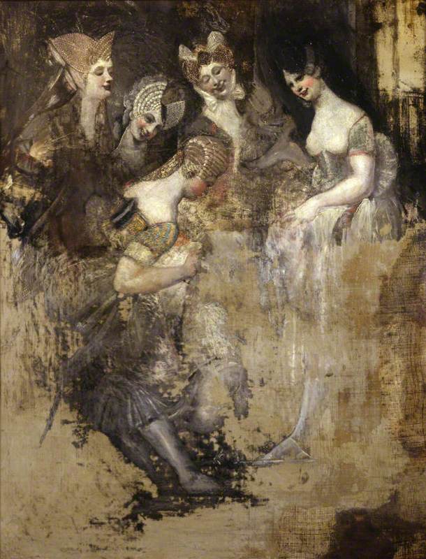 Group of Five Women Mocking an Effaced Figure, vintage artwork by Johann Heinrich Füseli, 12x8" (A4) Poster
