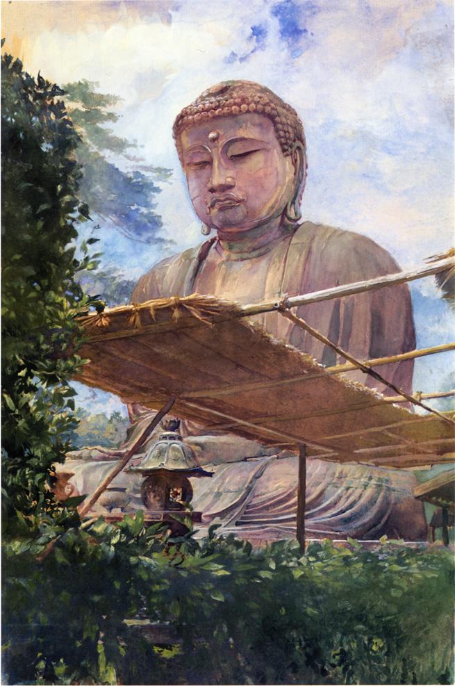 The Great Statue of Amida Buddha at Kamakura, Known as the Diabutsu, from the Priest's Garden, vintage artwork by John La Farge, 12x8" (A4) Poster