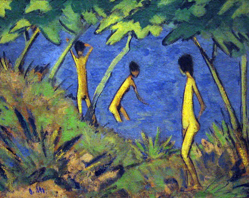 Landscape withYellow Nudes, vintage artwork by Otto Mueller, 12x8" (A4) Poster