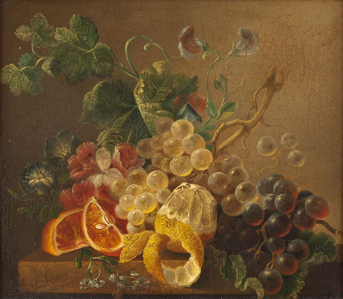 Still life with Grapes, Oranges and Lemon, vintage artwork by Johann Wilhelm Preyer, A3 (16x12