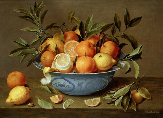 Still Life with Oranges and Lemons in a Wan-Li Porcelain, vintage artwork by Jacob van Hulsdonck, 12x8" (A4) Poster