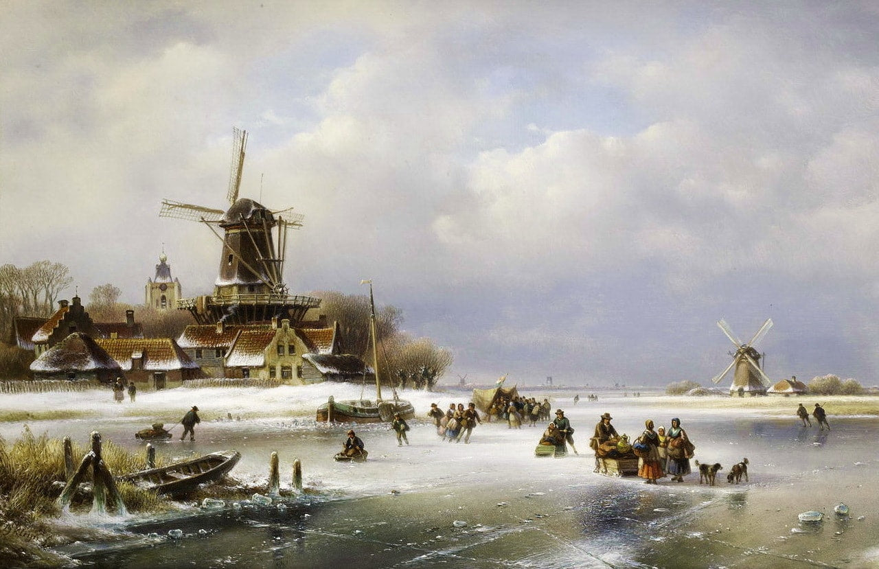 Villagers on a frozen waterway, vintage artwork by Lodewijk Johannes Kleijn, A3 (16x12") Poster Print