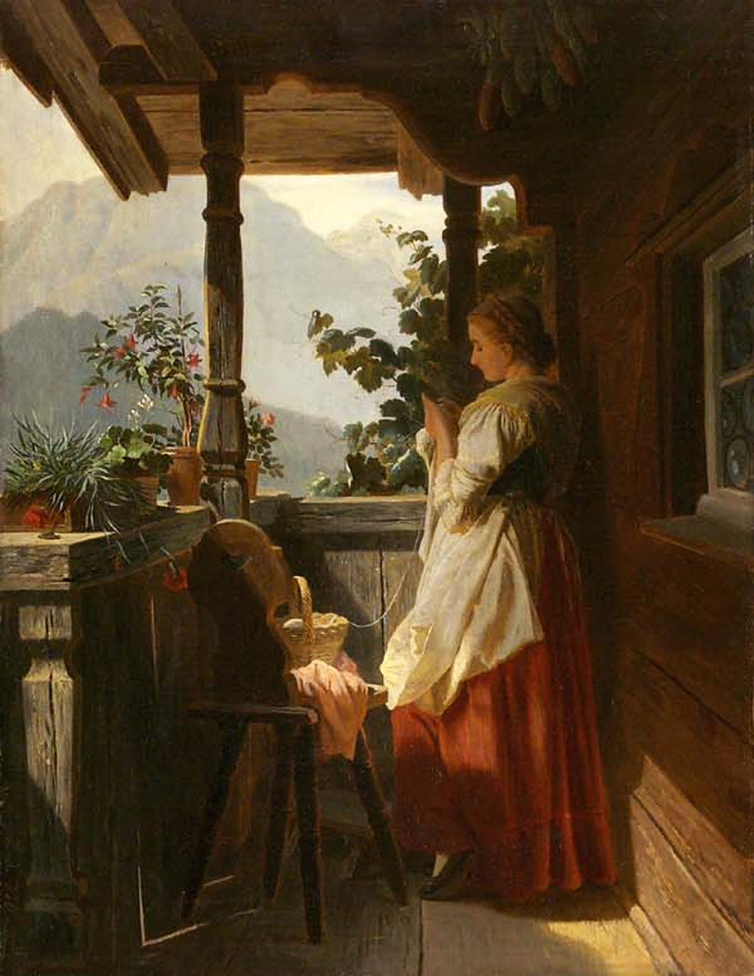 Girl Knitting on the Balcony, vintage artwork by Ludwig Vollmar, 12x8" (A4) Poster