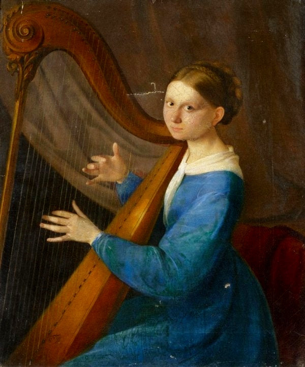 Portrait of a young woman with harp, vintage artwork by Karl von Neff, A3 (16x12") Poster Print