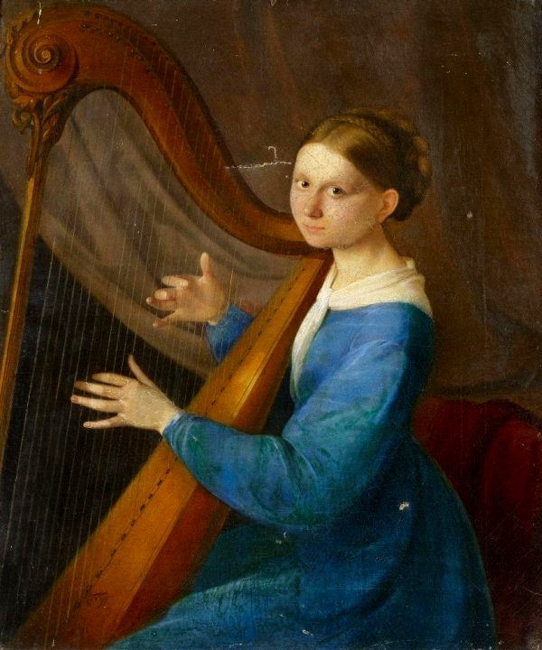 Portrait of a young woman with harp, vintage artwork by Karl von Neff, A3 (16x12