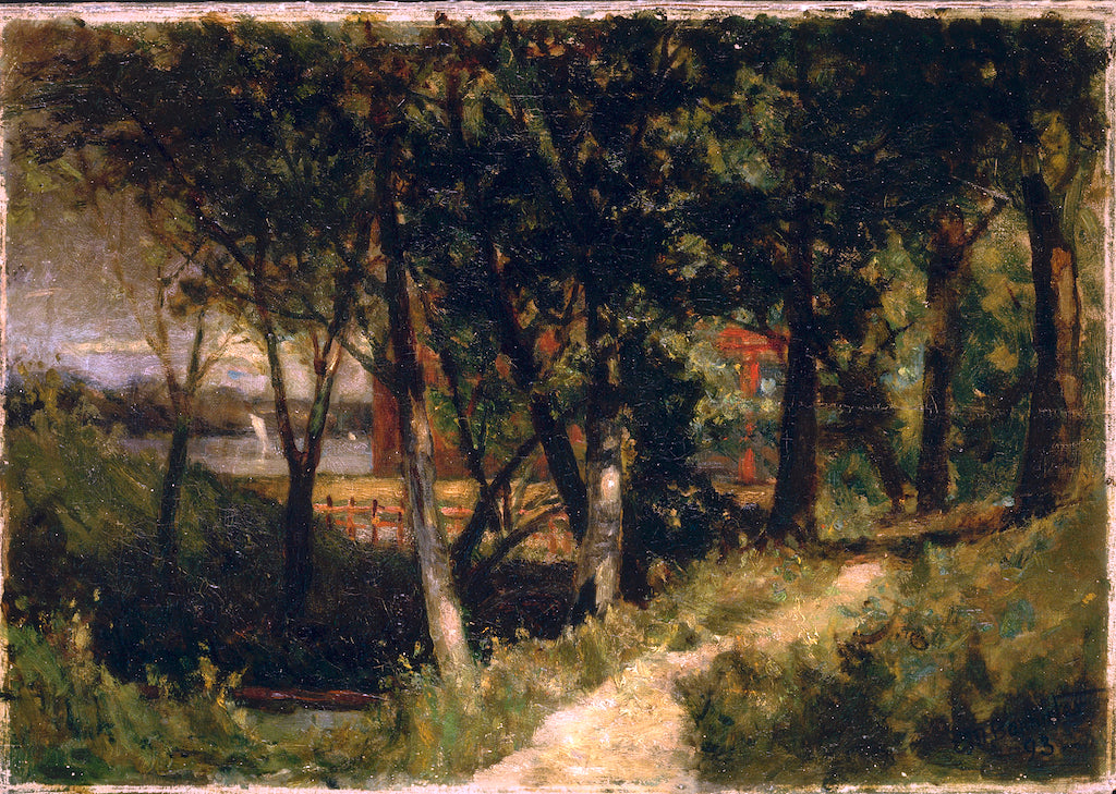 Landscape, Forest Scene with Red Fence and Building, vintage artwork by Edward Mitchell Bannister, 12x8" (A4) Poster
