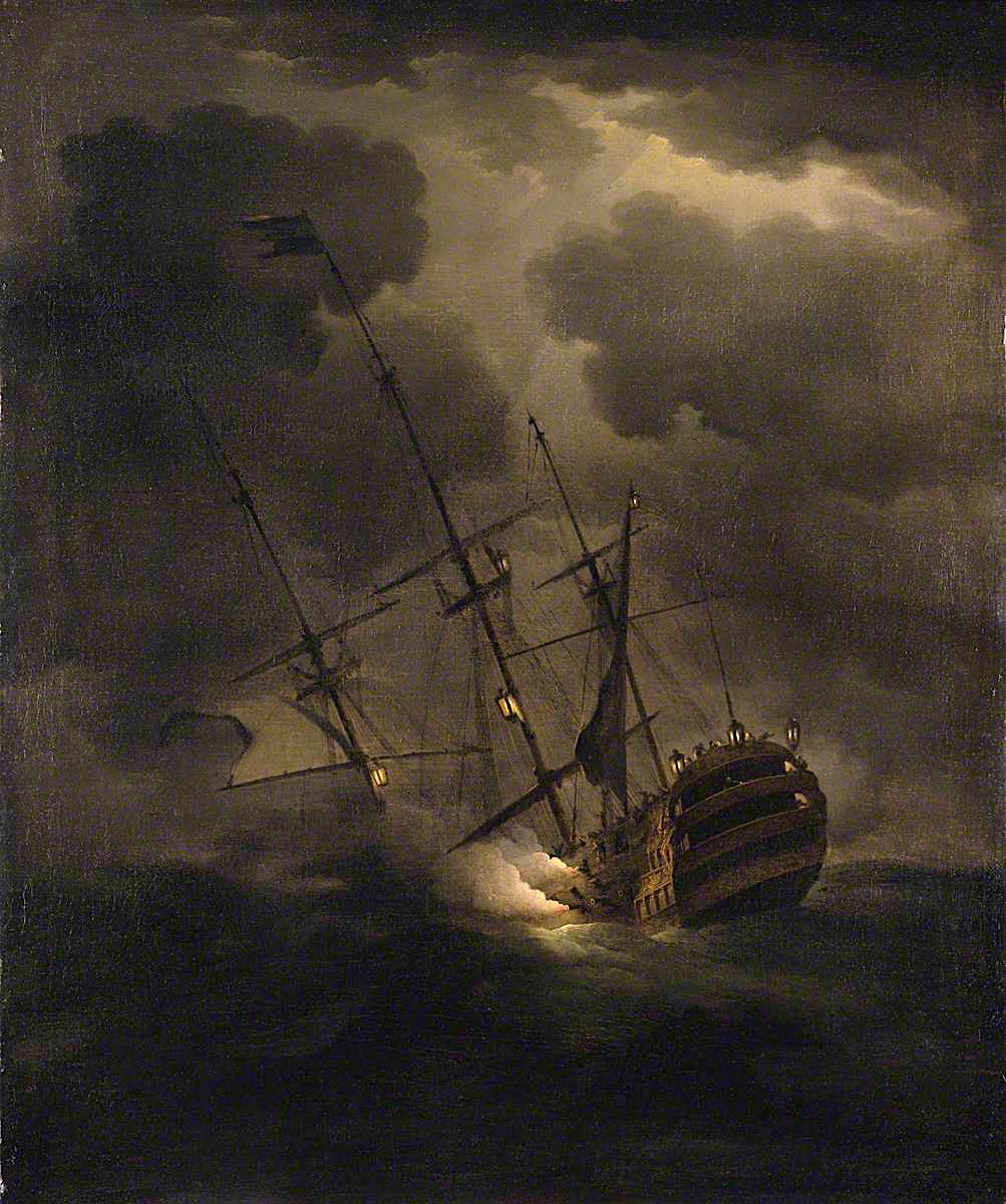 Loss of HMS 'Victory', 4 October 1744, vintage artwork by Peter Monamy, 12x8" (A4) Poster