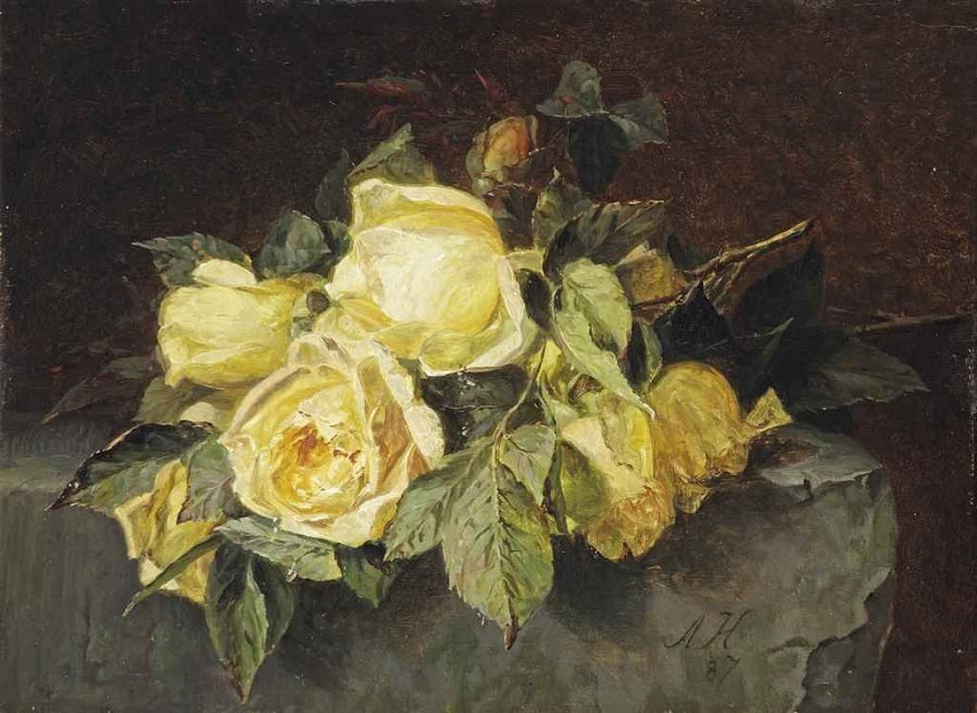 Yellow roses on a stone slate, vintage artwork by Adriana Johanna Haanen, A3 (16x12") Poster Print