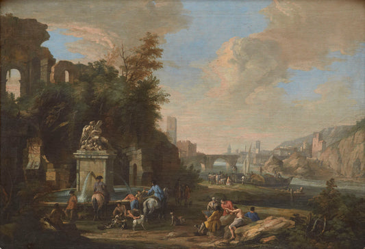 A Caprice Landscape with a Fountain and an Artist Sketching, vintage artwork by Luca Carlevarijs, 12x8" (A4) Poster