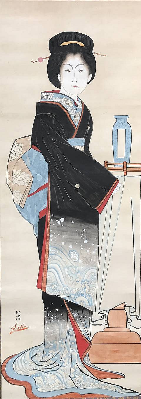 A Lady Standing next to a Vase on a Draped Stand, vintage artwork by Shiba Kokan, 12x8" (A4) Poster